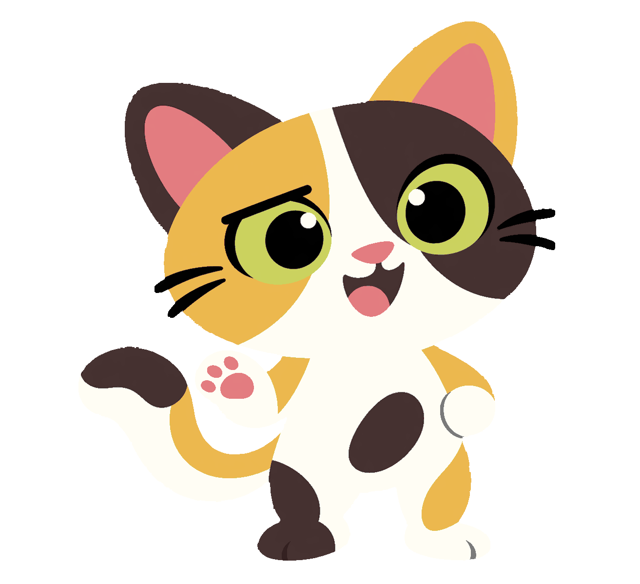 Jargan, the calico RusPaw cat, with a cheeky look and a round paw held up in a playful shrug