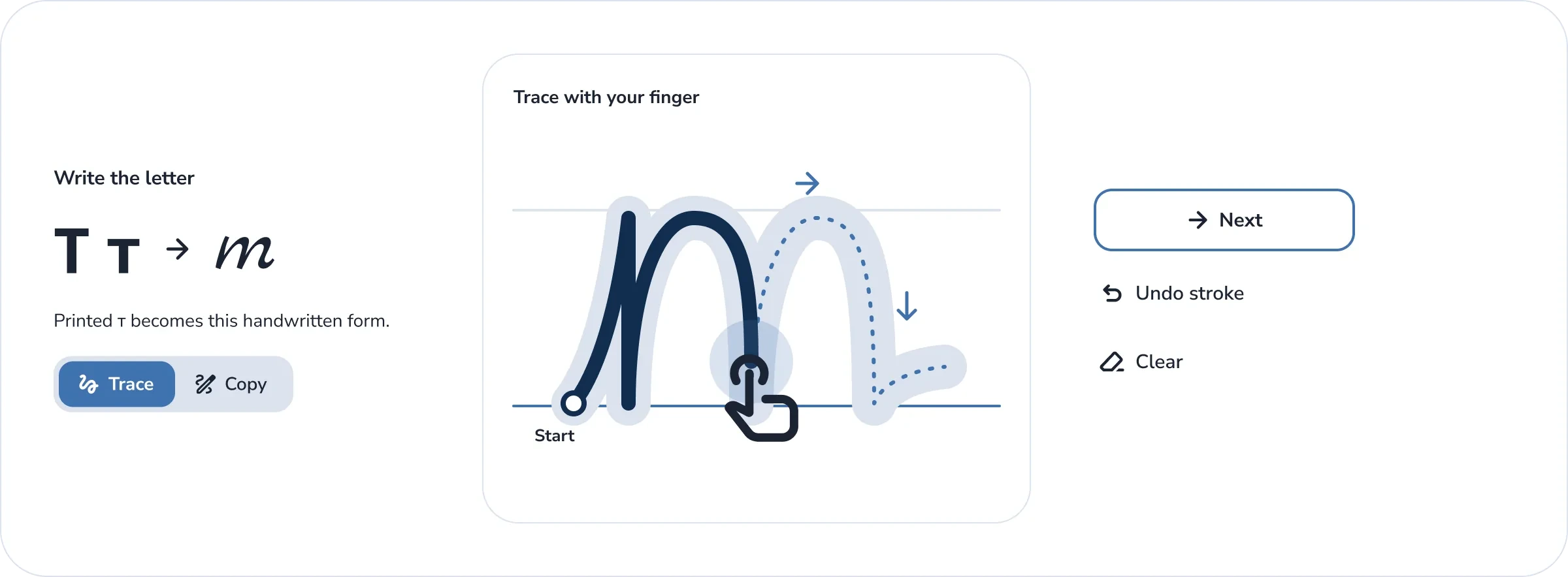 Illustrative preview of a handwriting task: printed Т т becomes handwritten т, traced with your finger along a stroke guide, with Next, Undo stroke and Clear controls.
